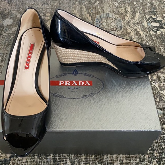 Prada Black Patent Leather Peep Toe Wedge Sandal - Picture 6 of 6